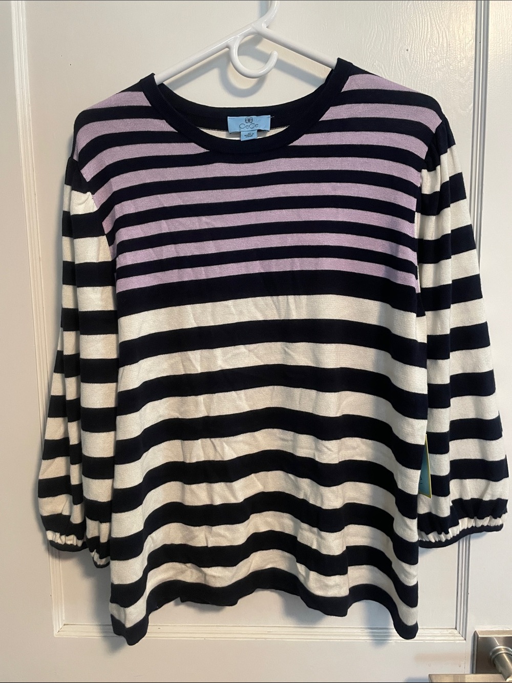NWT CeCe Striped Crewneck Sweater Navy White Lavender Knit